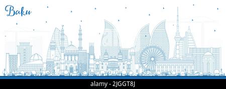 Profilo Baku Azerbaijan City Skyline con edifici blu. Illustrazione vettoriale. Paesaggio urbano di Baku con punti di riferimento. Illustrazione Vettoriale