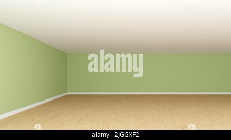 Splendido angolo interno con pareti di verde chiaro e vista frontale. Interni senza mobili, soffitto bianco, parquet in legno e Plinth bianco. 3D illustrazione, 8K Ultra HD, 7680x4320 Foto Stock