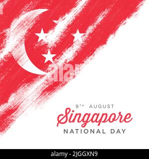 9th agosto Singapore National Day. Bandiera a grunge dipinta a pennello del paese di Singapore. Stile bandiera disegnato a mano di Singapore. Illustrazione Vettoriale