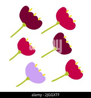 Cartoon astratto fiori set. Colore floret isolato su sfondo bianco. Piante disegnate a mano con petali. Peonie stilizzate, rose, tulipani, gigli. Summe Illustrazione Vettoriale