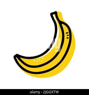 Banana tropicale di colore Doodle. Frutta esotica naturale fresca disegnata a mano isolata su sfondo bianco. Cibo vegetariano giallo sano, vitamina, delizioso o Illustrazione Vettoriale
