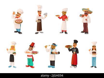 Set di fumetti dello chef di personaggi uomini e donne che tengono vassoi con piatti nazionali provenienti da diversi paesi del mondo isolato illustrazione vettoriale Illustrazione Vettoriale