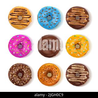 Vista dall'alto di diverse ciambelle con cioccolato e glassa colorata illustrazione vettoriale isolato realistico set Illustrazione Vettoriale