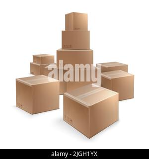 Pila di scatole di cartone con nastro per condotti sigillati impilati per merci su sfondo bianco illustrazione vettoriale realistica Illustrazione Vettoriale