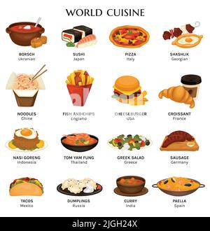 Cuisines World ambientato con immagini isolate di cibi fast food e piatti gourmet serviti con didascalie editabili illustrazione vettoriale Illustrazione Vettoriale