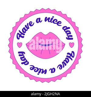 Adesivo Girly motivante Y2K. Cerotto con le labbra femminili e le parole Buona giornata. Elemento grafico di testo in colori acidi brillanti. Nostalgia per il 2000 Illustrazione Vettoriale