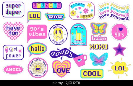 Set retro motivazionale e ispiratore di adesivi. Pop Art cerotti con slogan, labbra, cuore, farfalla, funghi psichedelici. Y2K grovia positiva Illustrazione Vettoriale
