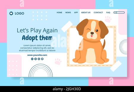 Animale rifugio Social Media Landing Page modello Flat Dog Cartoon sfondo Illustrazione Illustrazione Vettoriale