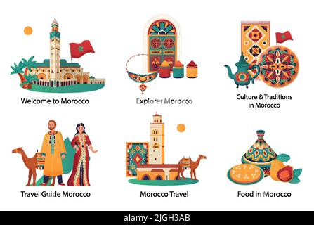 Marocco viaggio composizioni piatte set con persone che indossano costumi nazionali cucina tradizionale oggetti punto di riferimento isolato illustrazione vettoriale Illustrazione Vettoriale