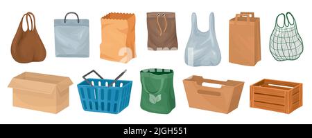 Set di alimenti con immagini isolate di cestini di supermercato scatole di cartone e sacchetti di tessuto su sfondo bianco illustrazione vettoriale Illustrazione Vettoriale