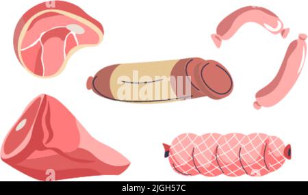 Prodotti a base di carne, insaccati e vettori di carne di maiale o di manzo Illustrazione Vettoriale