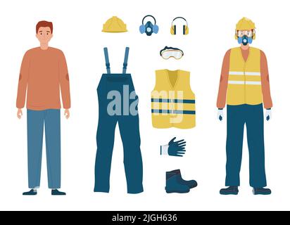 Protezione personale set piatto con abbigliamento giubbotto tappi auricolari guanti scarpe occhiali casco respiratore e due caratteri maschi isolato vettore ill Illustrazione Vettoriale