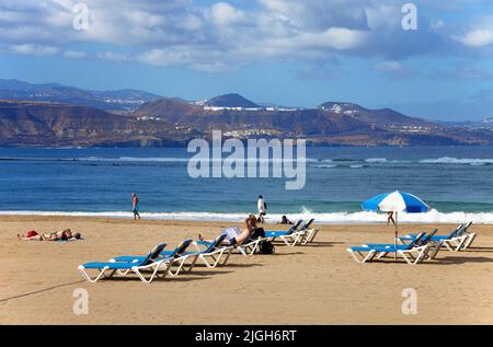 Playa de las Canteras, spiaggia cittadina di Las Palmas, Grand Canary, Isole Canarie, Spagna, Europa Foto Stock