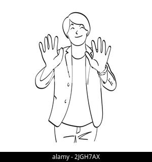 linea uomo d'affari arte contare a dieci con dita e mani illustrazione vettore disegnato a mano isolato su sfondo bianco Illustrazione Vettoriale