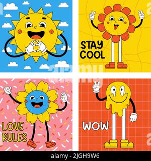 Set groovy retro cartoon adesivi con divertente fumetti con volti divertenti, mani e piedi guanti. Sole di fumetto alla moda, fiori di potere e smile fuso Illustrazione Vettoriale