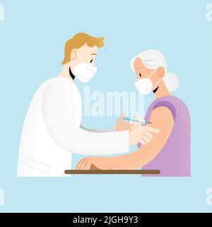 Medico e paziente che indossa FFP2 kn95 maschere-giovane medico vaccinando paziente anziano inoculazione di vaccino Illustrazione Vettoriale