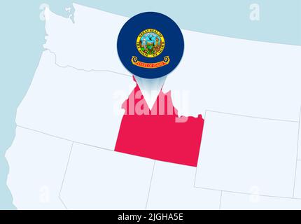 Stati Uniti con mappa Idaho selezionata e icona della bandiera Idaho. Mappa vettoriale e flag. Illustrazione Vettoriale