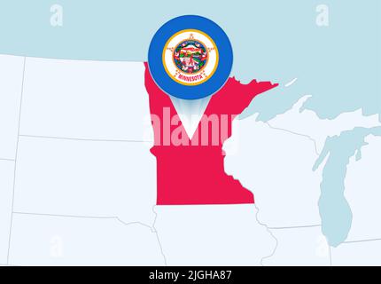 Stati Uniti con la mappa del Minnesota selezionata e l'icona della bandiera del Minnesota. Mappa vettoriale e flag. Illustrazione Vettoriale