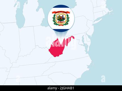 Stati Uniti con la mappa della Virginia Occidentale selezionata e l'icona della bandiera della Virginia Occidentale. Mappa vettoriale e flag. Illustrazione Vettoriale