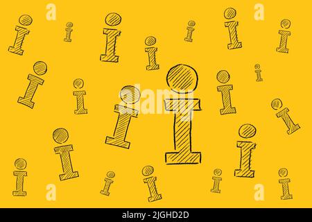 Lettere I. cartelli informativi. Icone delle informazioni disegnate a mano su sfondo giallo. Foto Stock