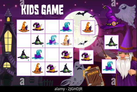 Halloween sudoku gioco, fantasmi, cappelli strega e castello scuro, mago e libro incantesimo, foglio di lavoro vettoriale. Sudoku riddle griglia per trovare e abbinare Halloween strega cappelli con cranio, pipistrello e horror ghouls Illustrazione Vettoriale