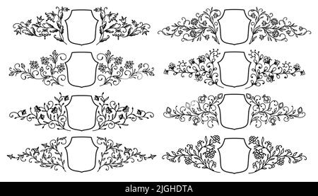 Scudi araldici floreali, cornici e confini reali d'epoca, ornamenti barocchi vettoriali. Scudi araldici con filigrana vittoriana o ornamento di fioritura retrò per emblemi reali araldici o stemma Illustrazione Vettoriale