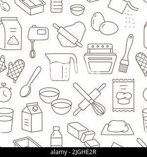 Cottura doodle marrone senza cuciture modello. Sfondo vettoriale incluse icone di linea come - rolling pin, pasta, mixer, lievito, burro, farina, ciotola, uovo, latte Illustrazione Vettoriale