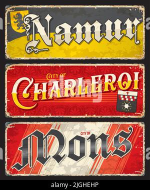 Namur, Mons, Charleroi, autoadesivi e targhe belghe da viaggio, insegne vettoriali in stagno. Belgio città bagagli etichette e targhe da viaggio con emblemi della regione belga della Vallonia e tagline motto Illustrazione Vettoriale