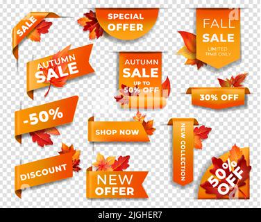 Etichette, striscioni e angoli del nastro con foglie autunnali. Tag vettoriali isolati per sconto stagione autunnale, ordine di acquisto, vendita campagna promozionale negozio. Pubblicità per la nuova collezione, coupon promo set Illustrazione Vettoriale