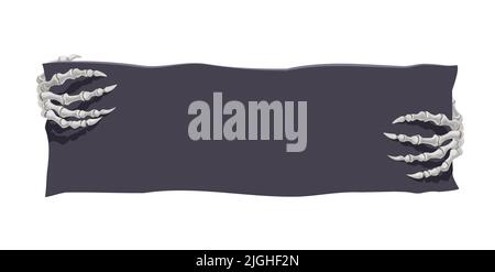 Banner di Halloween con mani scheletriche. Cartoon vettore morto mostro palmi ossa che reggono nero bordo o carta. Le dita di carattere creepy che tengono il pezzo di tessuto o pergamena disegno isolato di fondo Illustrazione Vettoriale