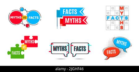 Icone miti vs fatti, verità e falsi badge popup, vettore vero e fumetti fiction. Miti vs fatti banner o realtà e falsi badge, bandiere e puzzle con segno di parola incrociata e bolle chat Illustrazione Vettoriale