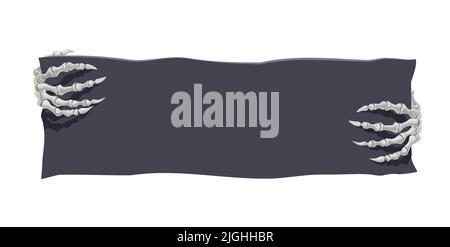 Banner di Halloween con mani scheletriche. Cartoon vettore morto mostro palmi ossa che reggono nero bordo o carta. Le dita di carattere creepy che tengono il pezzo di tessuto o pergamena disegno isolato di fondo Illustrazione Vettoriale