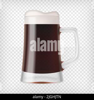 Bicchiere di birra realistico. Tazza con birra scuri e bolle. Elemento grafico di design per un annuncio di birrificio, poster di birreria, volantini e stampabili. Trasp Illustrazione Vettoriale
