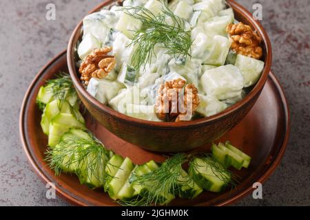 Bulgaro cetriolo e yogurt insalata Snezhanka primo piano in una ciotola sul tavolo. Orizzontale Foto Stock