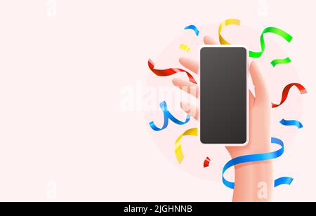 Smartphone in mano, biglietto di auguri con nastri colorati. Illustrazione vettoriale Illustrazione Vettoriale