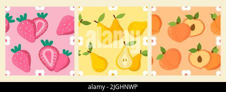 Set di tre modelli senza giunture vettoriali di frutta. Comprende pere, pesche e fragole. Adatto per avvolgere, tappezzeria per la vostra casa, design di moda Illustrazione Vettoriale