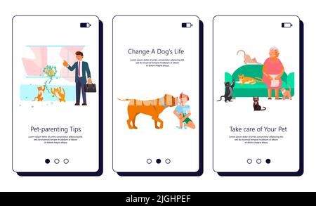 Set di app con concetto di vita per animali domestici. Situazione diversa dei proprietari con i loro animali domestici. Illustrazione del vettore Flat Art. Illustrazione Vettoriale