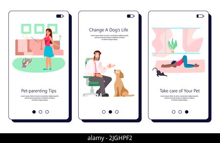 Set di app con concetto di vita per animali domestici. Situazione diversa dei proprietari con i loro animali domestici. Illustrazione del vettore Flat Art. Illustrazione Vettoriale