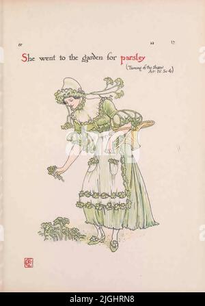 Andò in giardino per il prezzemolo [ Taming of the Shrew Act IV Scene 4 ] dal libro ' Fiori dal giardino di Shakespeare : un posy dalle opere ' illustrato da Walter Crane, 1845-1915; basato su William Shakespeare, 1564-1616 Data di pubblicazione 1909 Editore [Londra] : Cassell & Co., Ltd Foto Stock