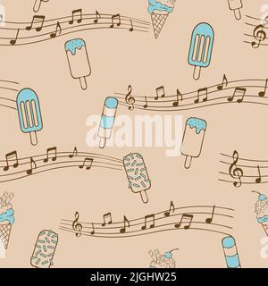 Motivo vettoriale senza cuciture con gelati su sfondo rosa. Carino dolce cibo carta da parati design con note musicali. Moda estate divertente tessile. Illustrazione Vettoriale