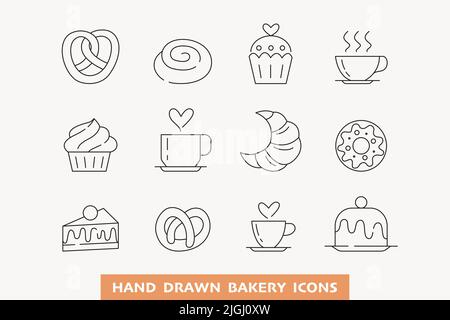 Set di icone per tazza di caffè e pasticceria Illustrazione Vettoriale