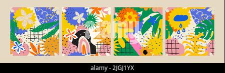 Motivi tropicali, luminosi ed esotici di varie forme, elementi semplici, fiori, foglie, arcobaleno. Ideale per il confezionamento, la carta da parati, l'arredamento della casa Illustrazione Vettoriale