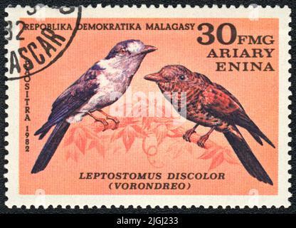 Un timbro stampato in MALGASY mostra Cuckoo Roller (Leptostomus scoloror, vorondreo), dalla serie Birds, 1982 Foto Stock