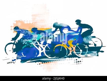 Gara ciclistica, ciclismo MTB, silhouette verdi. Disegno stilizzato espressivo di un gruppo di ciclisti a piena velocità. Sfondo bianco. Foto Stock