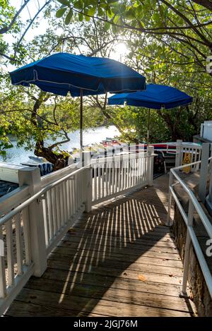 Un colpo verticale di un ponte pedonale con ringhiere e ombrello in Duval Street, Key West, Florida, USA Foto Stock