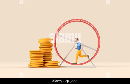 Impiegato che corre in un loop su una ruota del criceto. Concetto di corsa di ratto di affari. 3D rendering Foto Stock