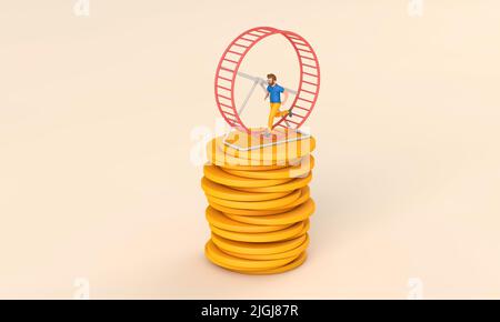 Impiegato che corre in un loop su una ruota del criceto. Concetto di corsa di ratto di affari. 3D rendering Foto Stock