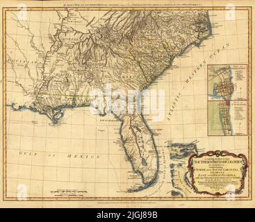 Mappa delle colonie britanniche meridionali, tra cui Carolina del Nord e del Sud, Georgia, Florida orientale e occidentale, 1776, di Bernard Romans Foto Stock