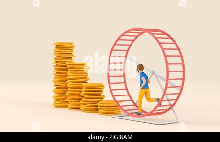 Impiegato che corre in un loop su una ruota del criceto. Concetto di corsa di ratto di affari. 3D rendering Foto Stock