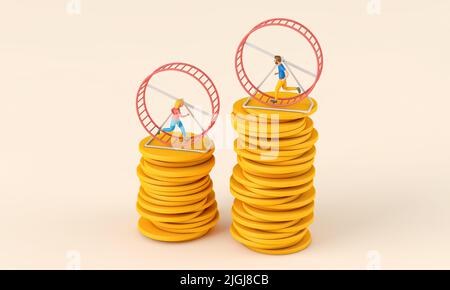 Impiegato che corre in un loop su una ruota del criceto. Concetto di corsa di ratto di affari. 3D rendering Foto Stock